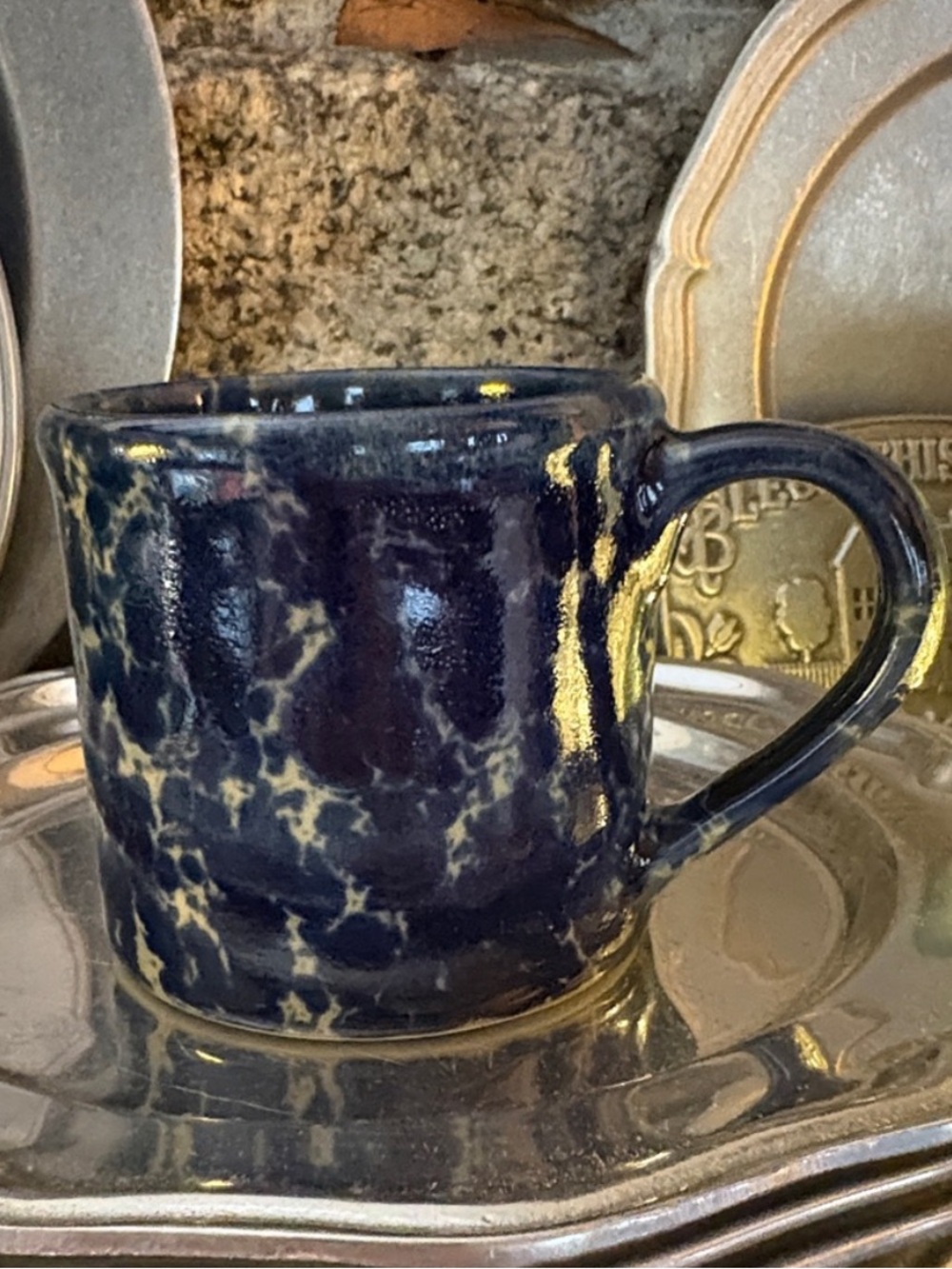 BENNINGTON POTTERY BLUE AGATE MUG STONEWARE USA HOME DINING DRINK 14 oz 3.75”H
